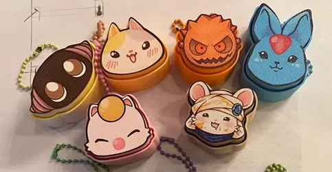 Five flat character charm keychains — cat, pumpkin, bunny, moogle, mouse
